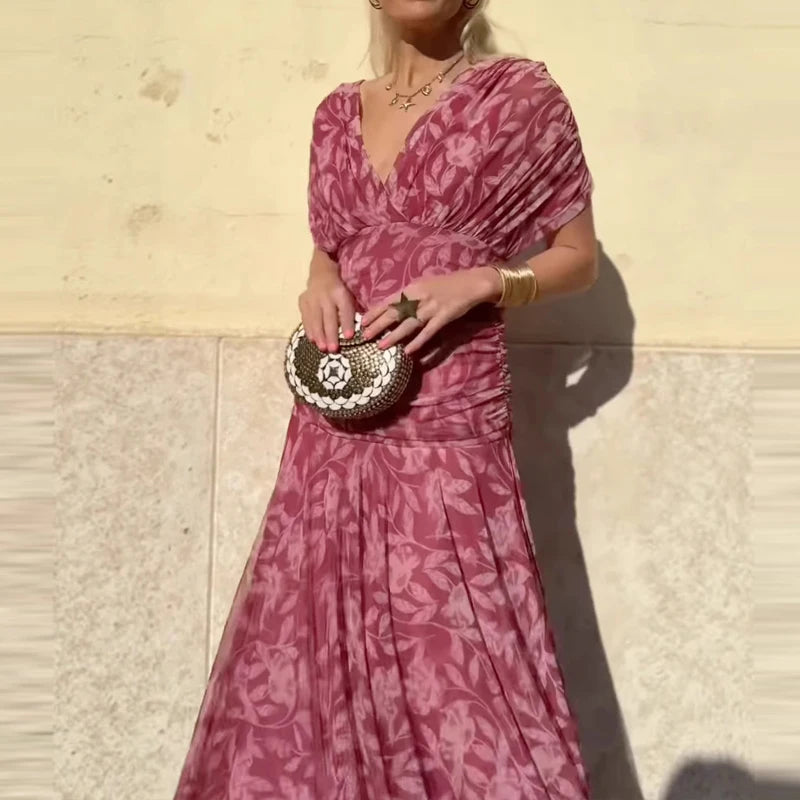 Floral High Waist Pleated Party Dress