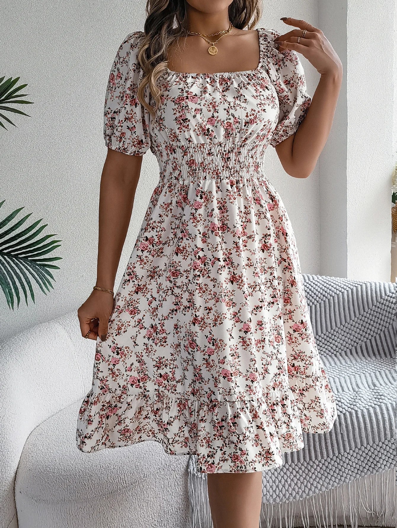 Spring Summer Floral Ruffle Dress