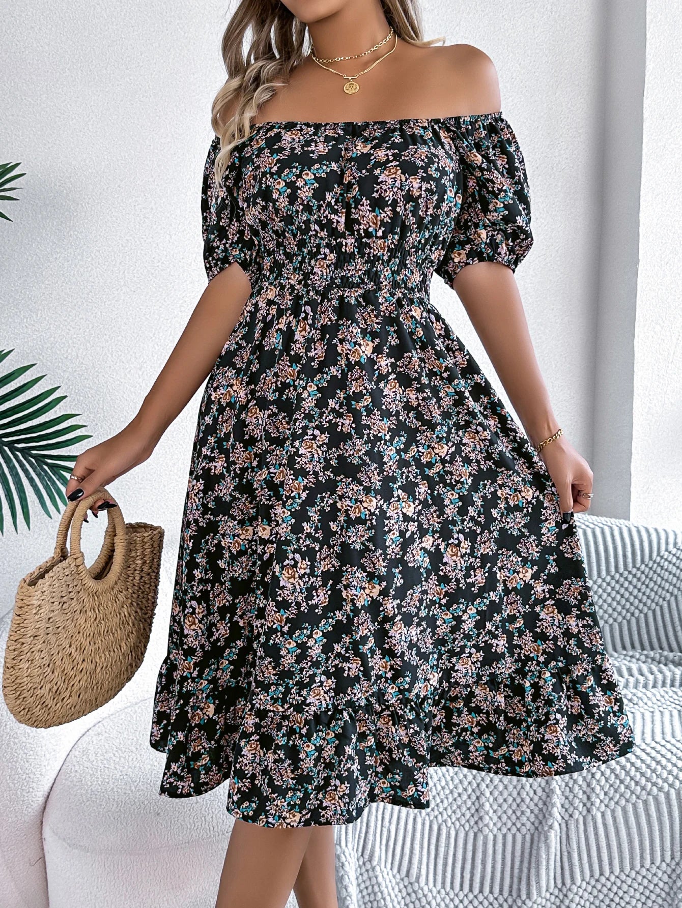 Spring Summer Floral Ruffle Dress