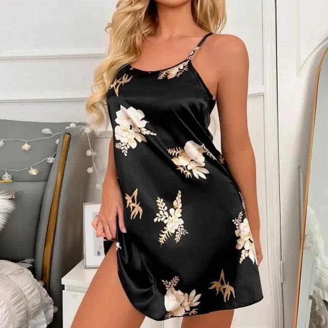 Sexy Black Floral Silk Nightdress