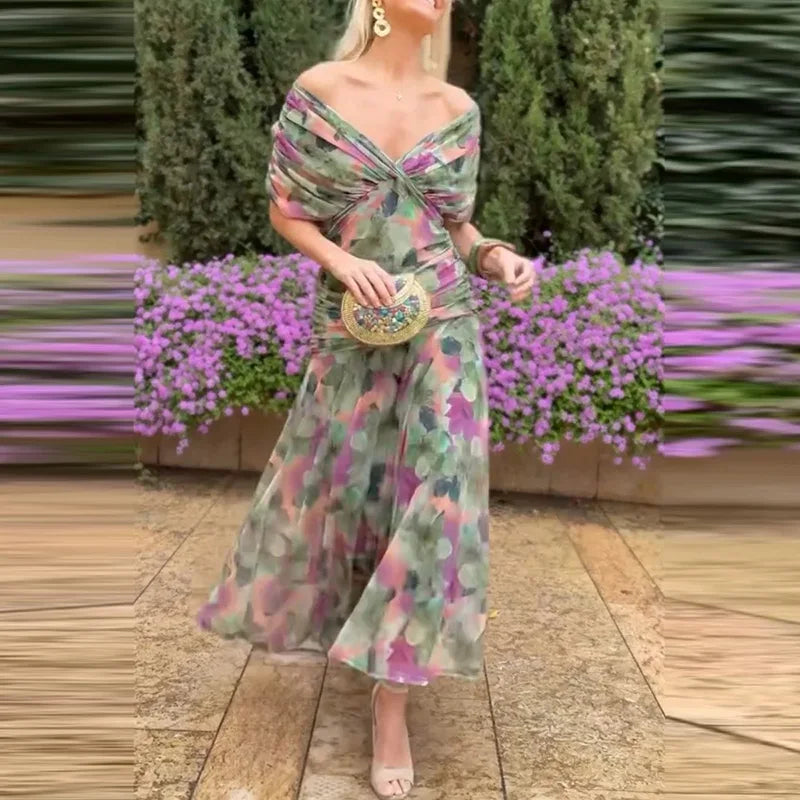 Floral High Waist Pleated Party Dress