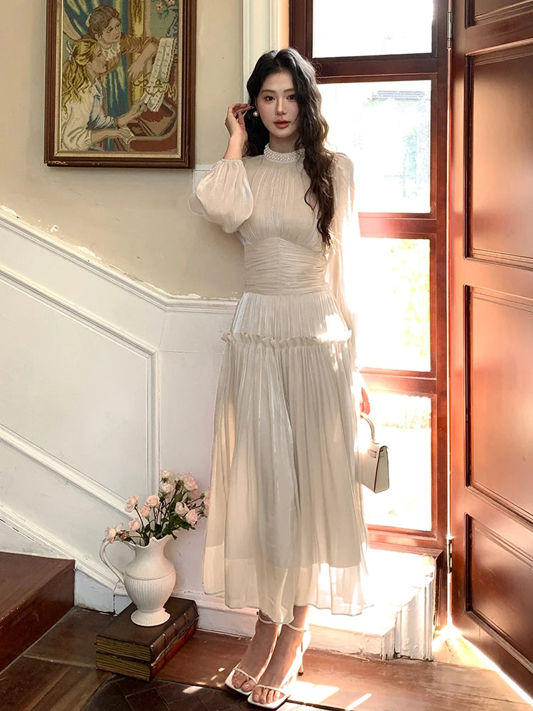 Pleated Waist Bubble Sleeve Dress