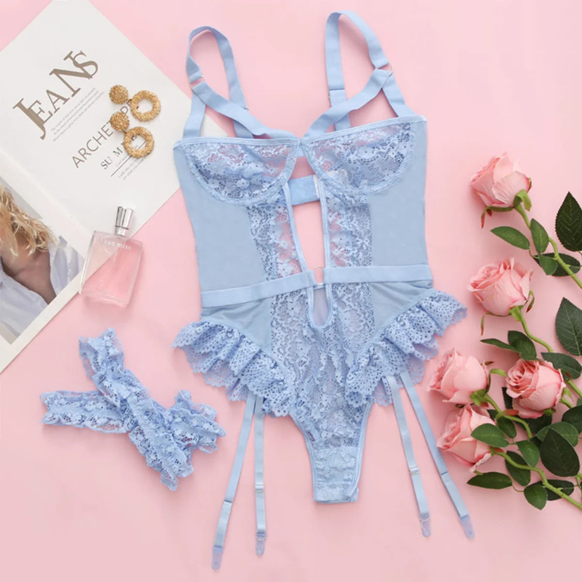 Red Floral Lace Garter & Choker Set