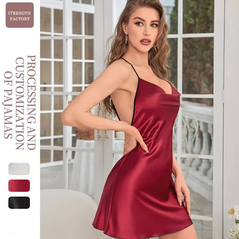 Solid Color V-Neck Backless Silk Nightgown