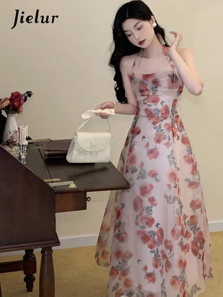 Floral Chiffon Halter Midi Dress