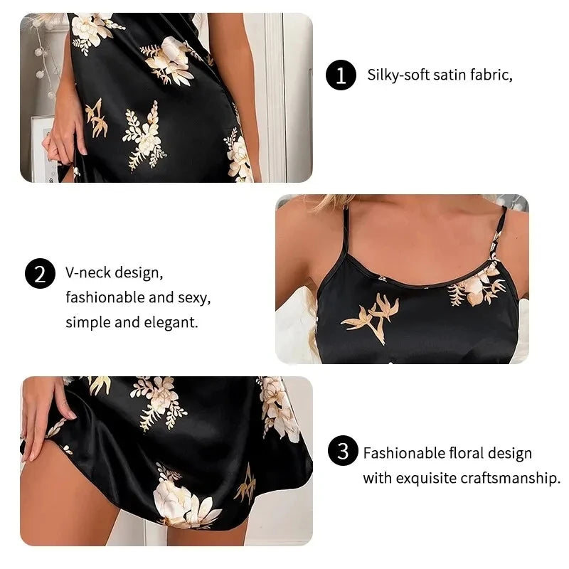 Sexy Black Floral Silk Nightdress