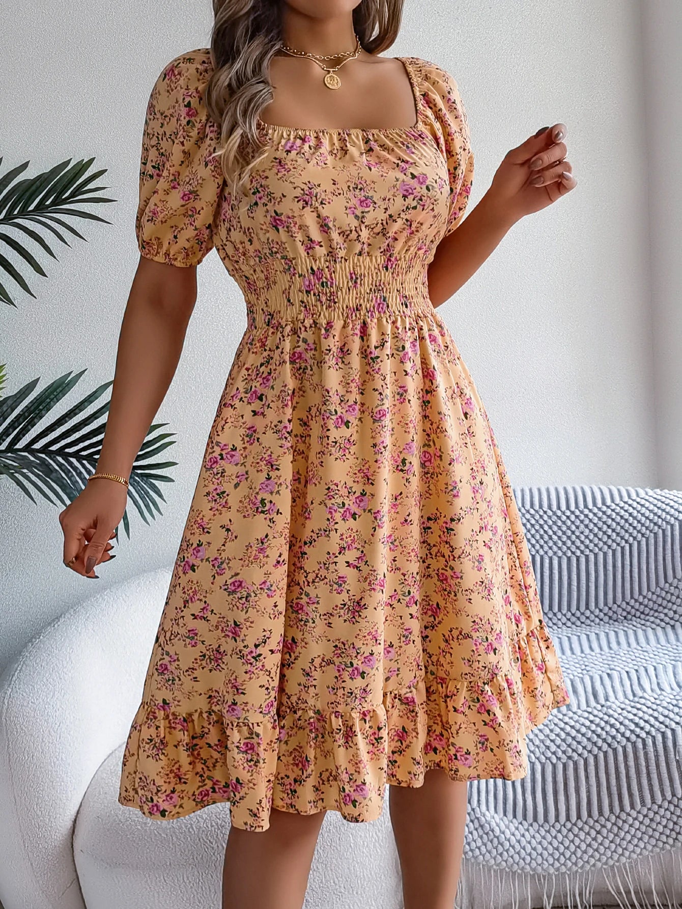 Spring Summer Floral Ruffle Dress