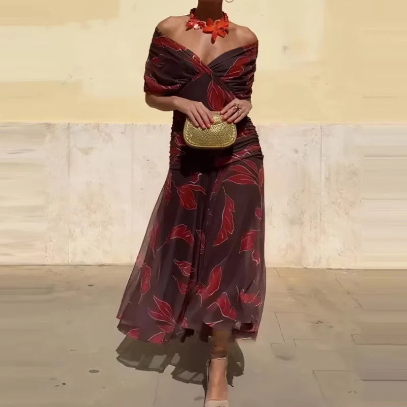 Floral High Waist Pleated Party Dress