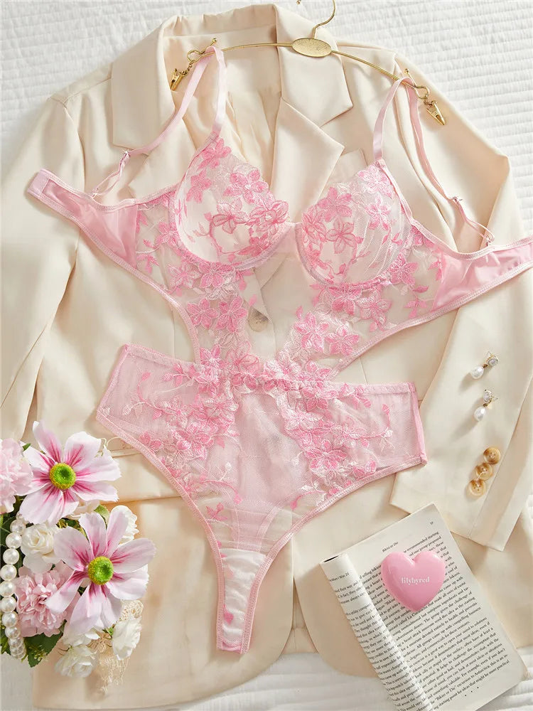 Pink Floral Lace Bodysuit Set