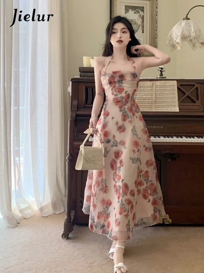 Floral Chiffon Halter Midi Dress