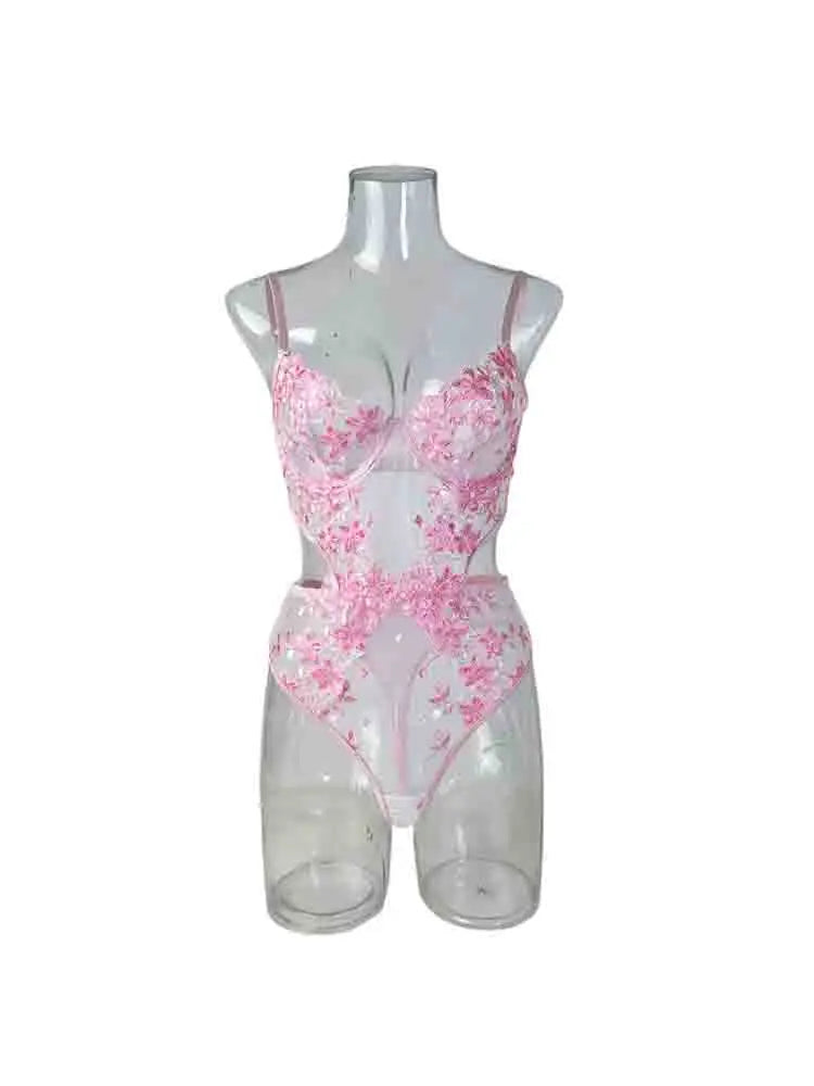 Pink Floral Lace Bodysuit Set