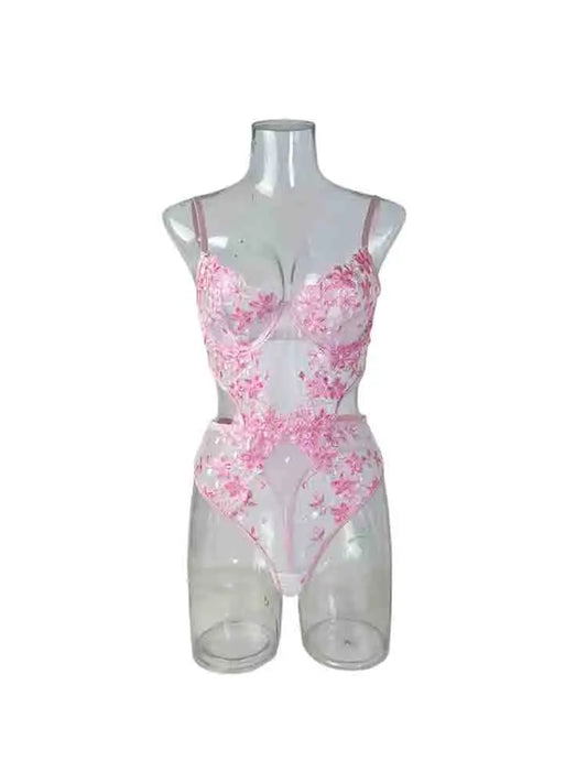 Pink Floral Lace Bodysuit Set