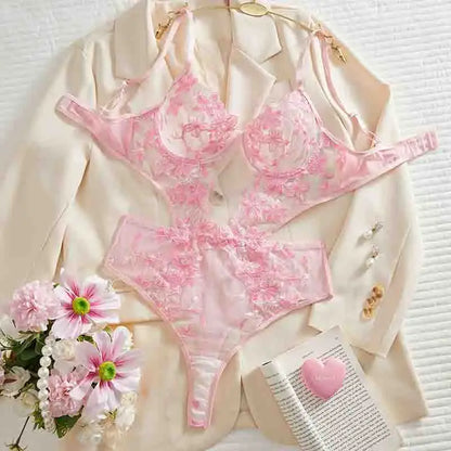 Pink Floral Lace Bodysuit Set