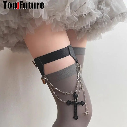 JK Black Punk Stockings & Garter Set