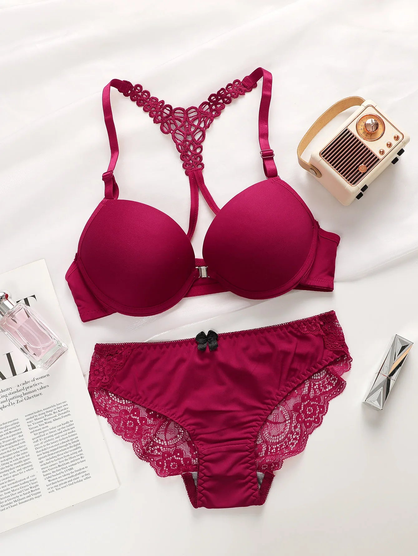 Black, Red & Blue Front Buckle Bra Set