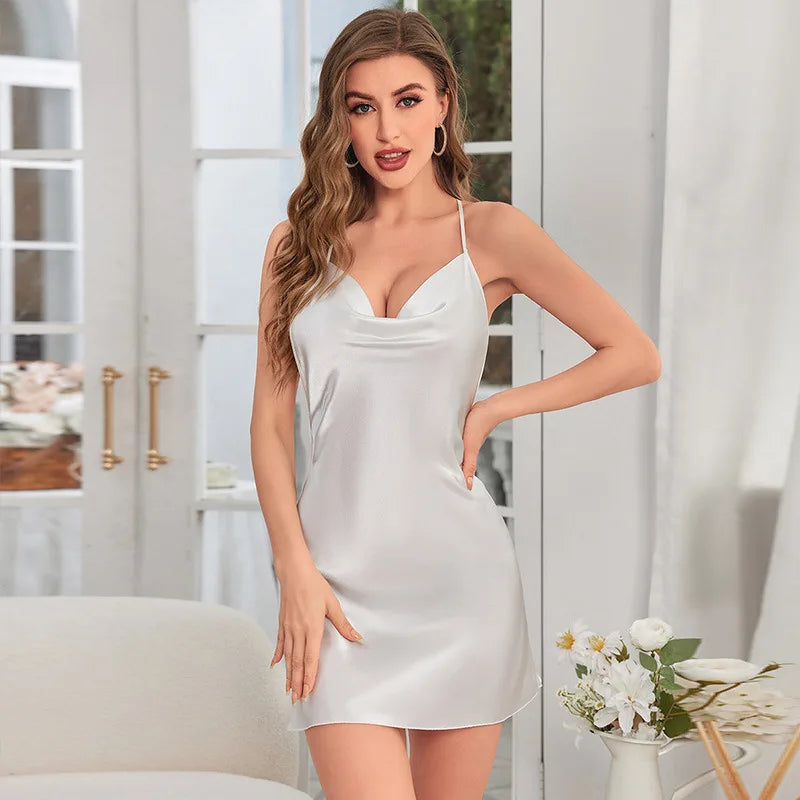Solid Color V-Neck Backless Silk Nightgown