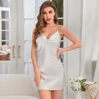 Solid Color V-Neck Backless Silk Nightgown