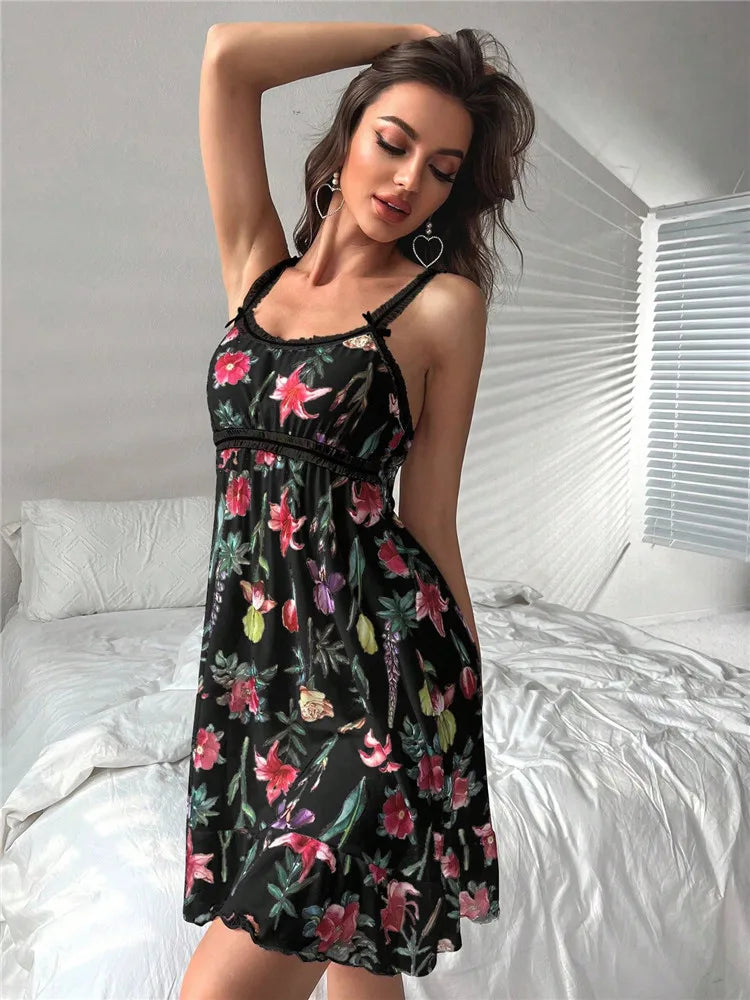 Floral Mesh Ruffle Babydoll Nightdress