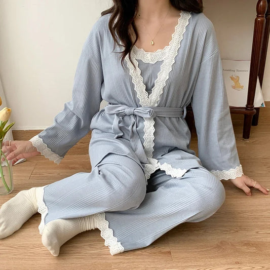 3PCS Lace Cotton Maternity Nursing Pajama Set