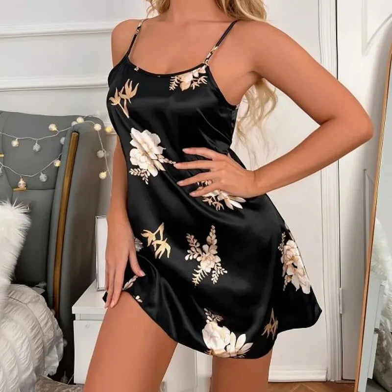 Sexy Black Floral Silk Nightdress
