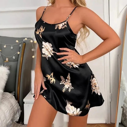 Sexy Black Floral Silk Nightdress