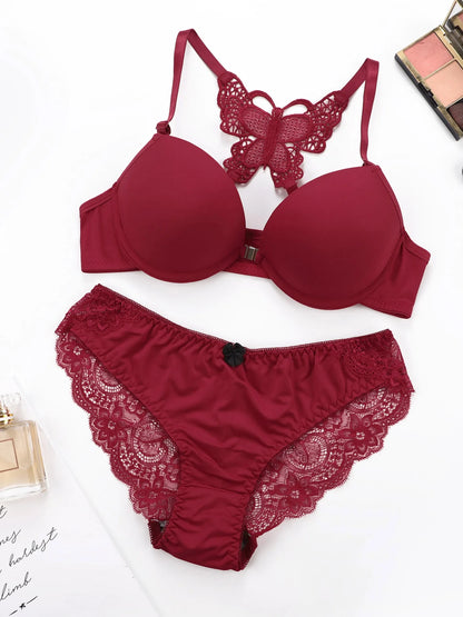Red Front Button Butterfly Back Bra Set