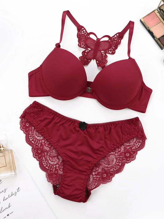 Red Front Button Butterfly Back Bra Set