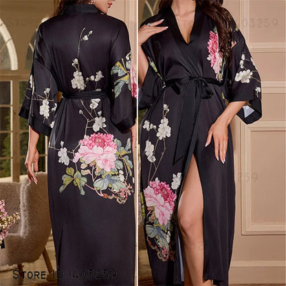 Oversized Floral Silk Kimono Robe