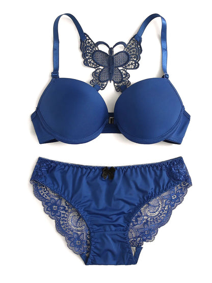 Red Front Button Butterfly Back Bra Set