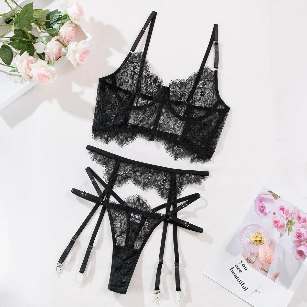 Sexy Lace Fishbone 3-Piece Lingerie Set