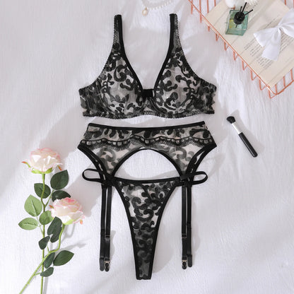 Deep V Embroidered Three-Piece Set