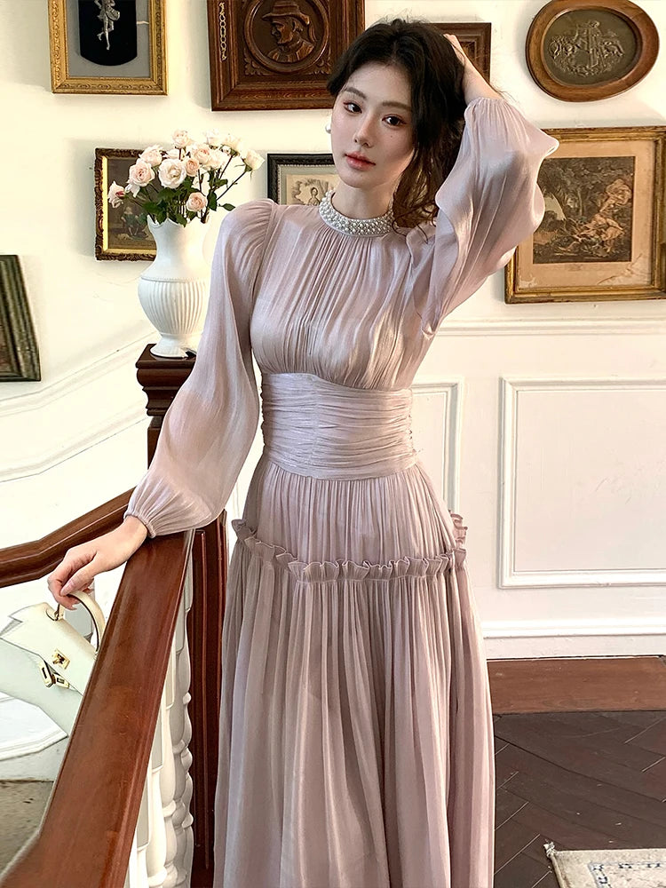 Pleated Waist Bubble Sleeve Dress