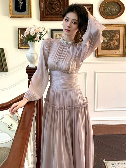 Pleated Waist Bubble Sleeve Dress