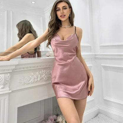 Solid Color V-Neck Backless Silk Nightgown