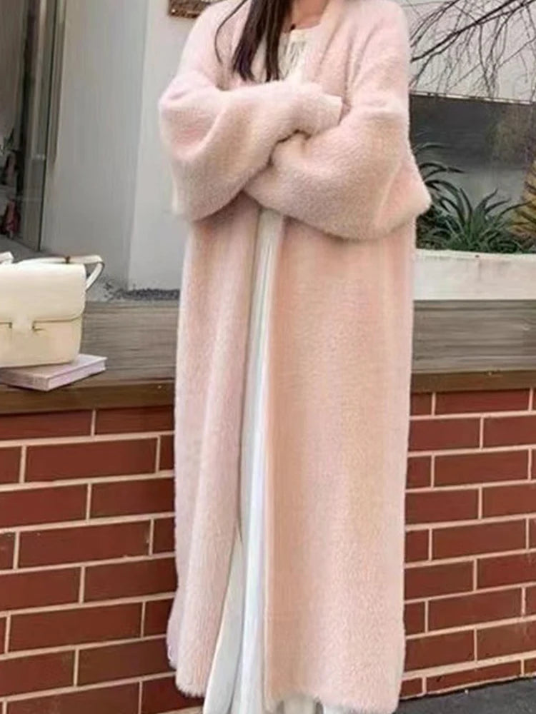 Warm Knee-Length Mink Fleece Cardigan
