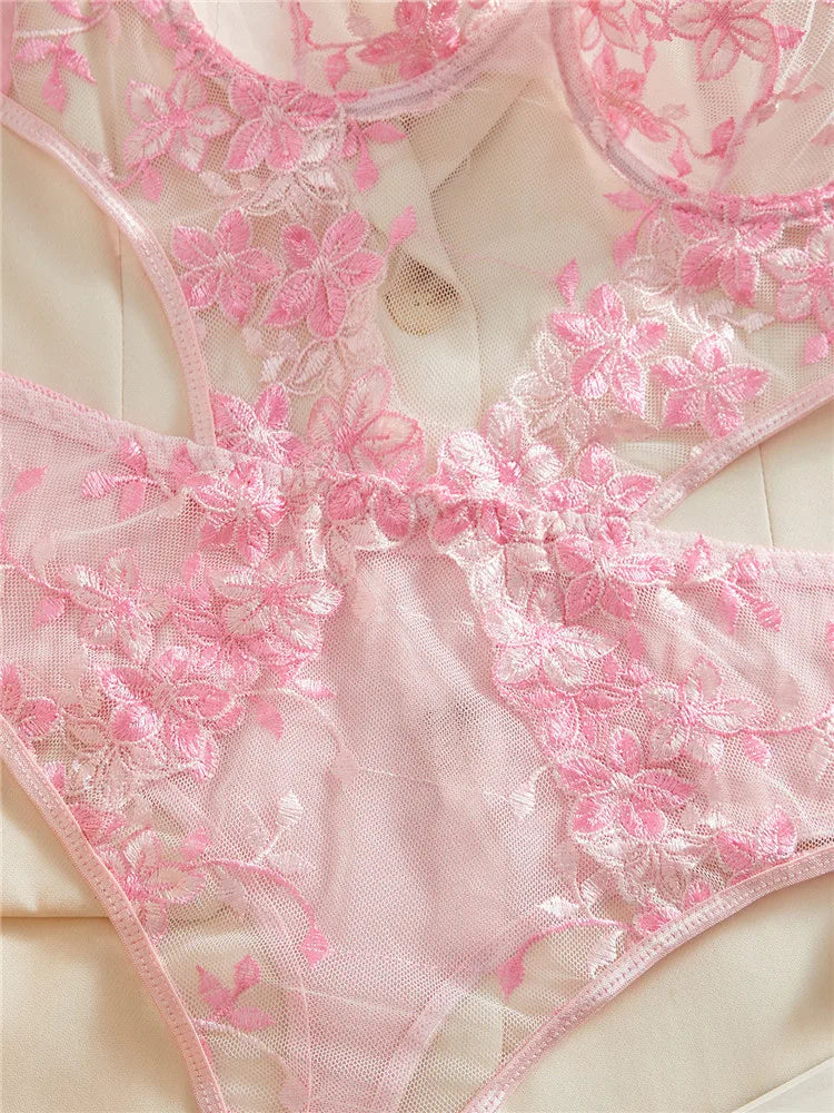 Pink Floral Lace Bodysuit Set