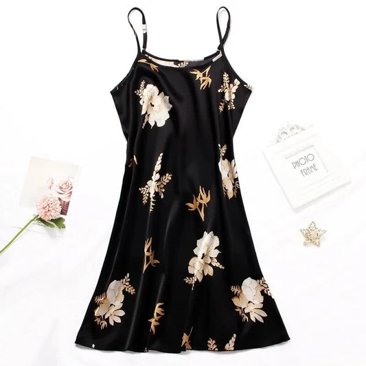 Sexy Black Floral Silk Nightdress