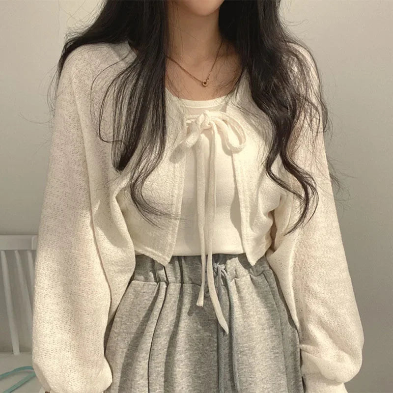 White Lace-Up Summer Knit Cardigan