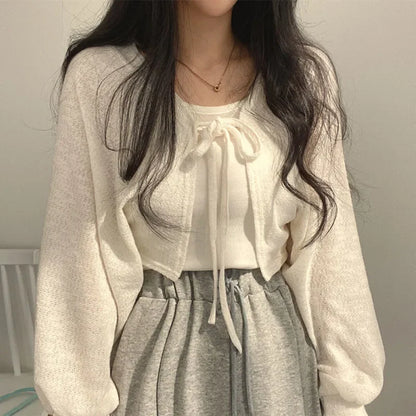 White Lace-Up Summer Knit Cardigan