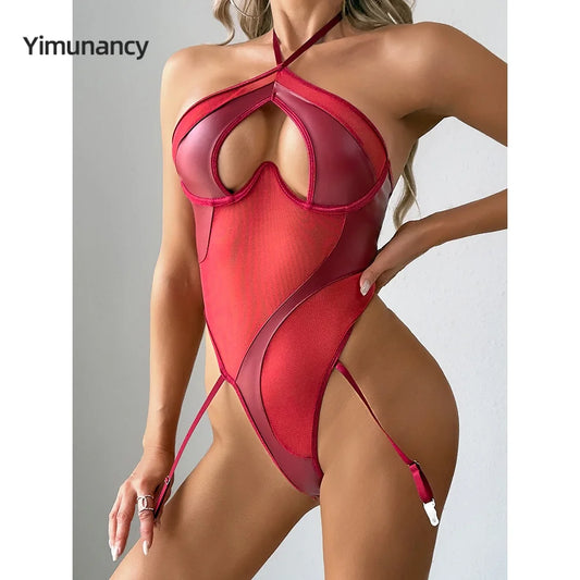 PU Leather Backless Halter Mesh Bodysuit