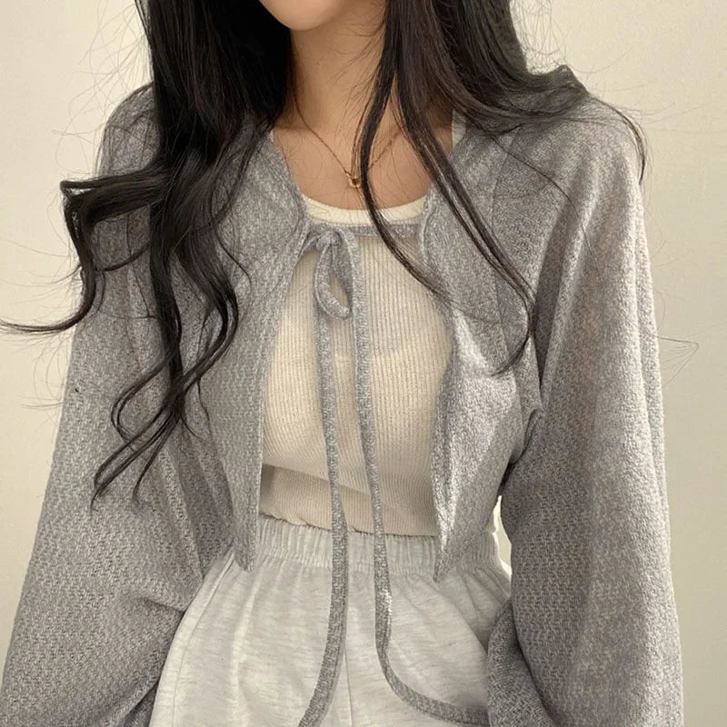 White Lace-Up Summer Knit Cardigan