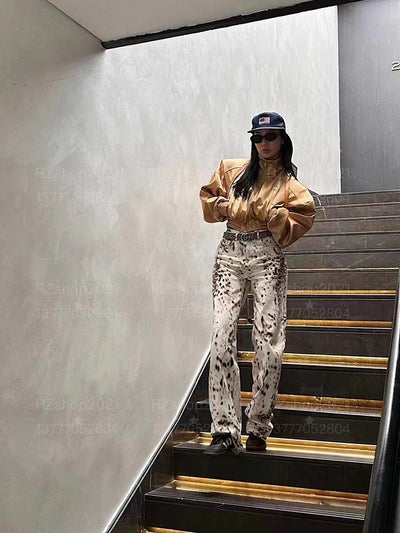 Women Leopard Print Baggy Jeans