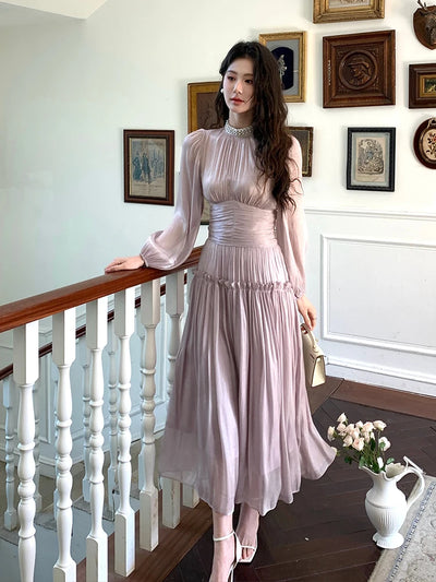 Pleated Waist Bubble Sleeve Dress