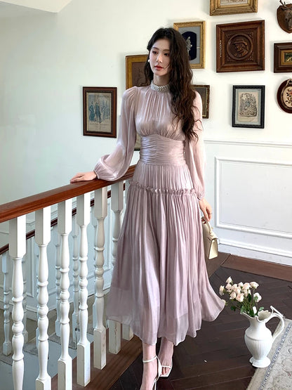 Pleated Waist Bubble Sleeve Dress