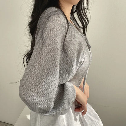 White Lace-Up Summer Knit Cardigan