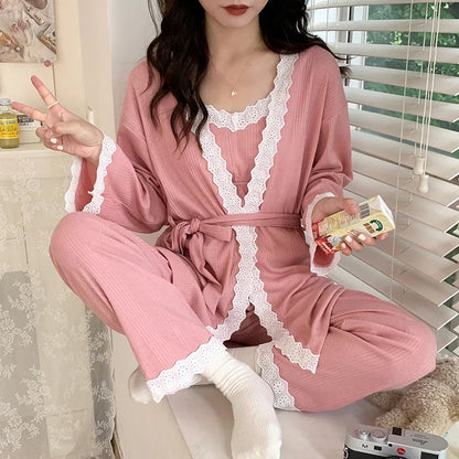 3PCS Lace Cotton Maternity Nursing Pajama Set