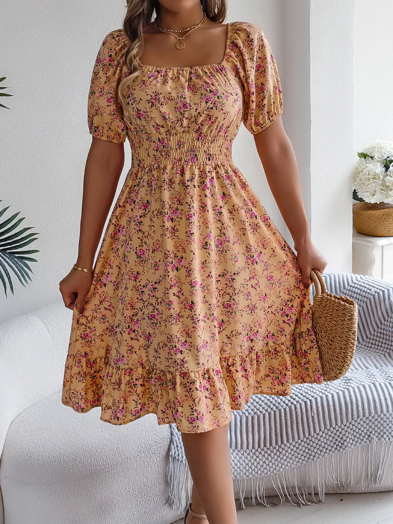 Spring Summer Floral Ruffle Dress
