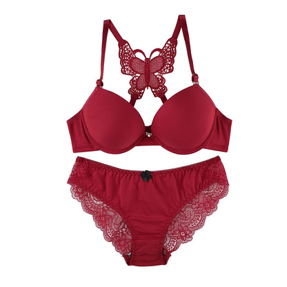 Red Front Button Butterfly Back Bra Set