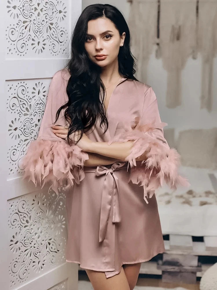 White Feather Satin Bridal Robe