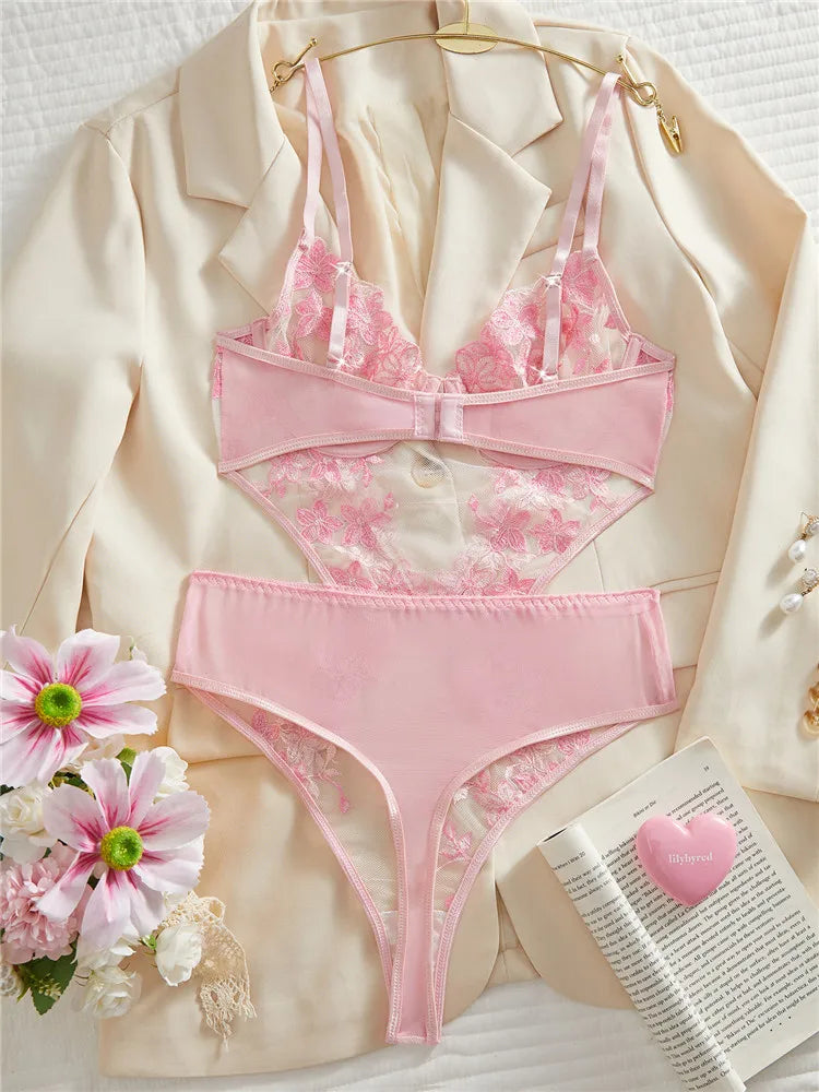 Pink Floral Lace Bodysuit Set